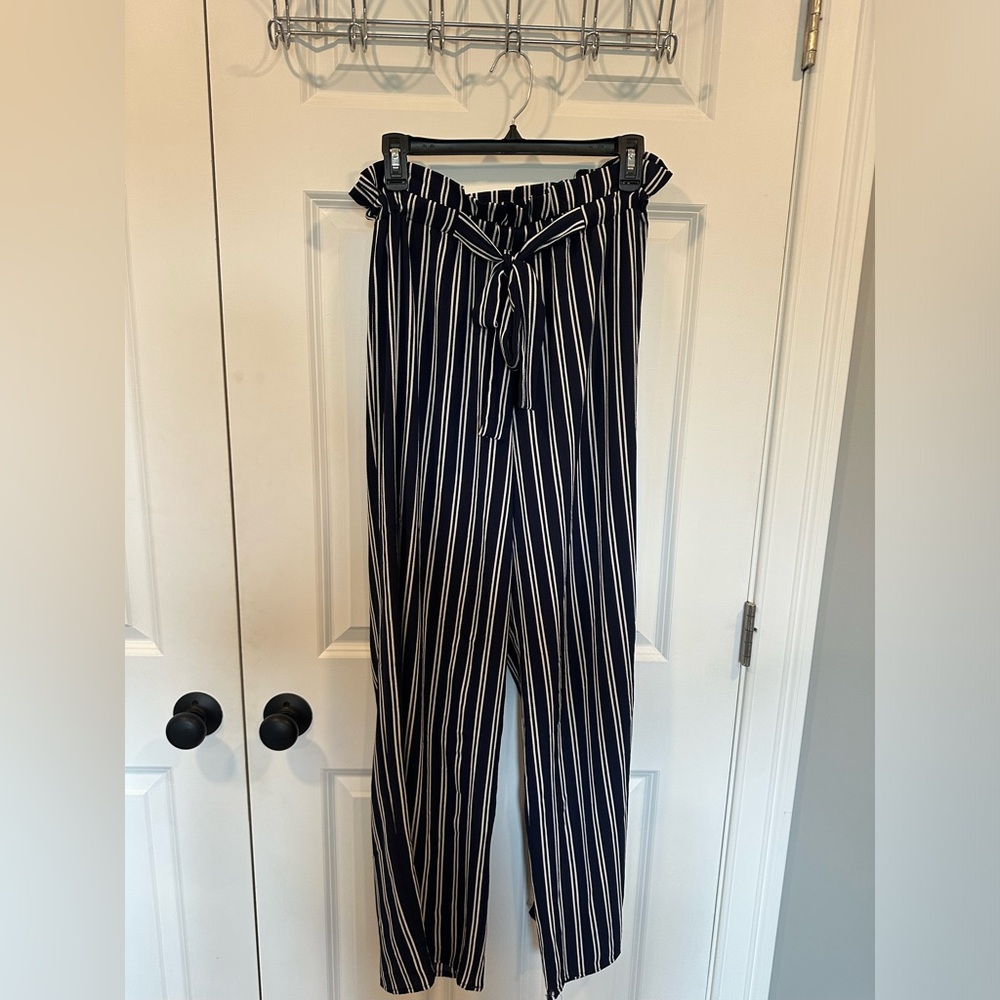 Navy and white striped paper bag style pants
